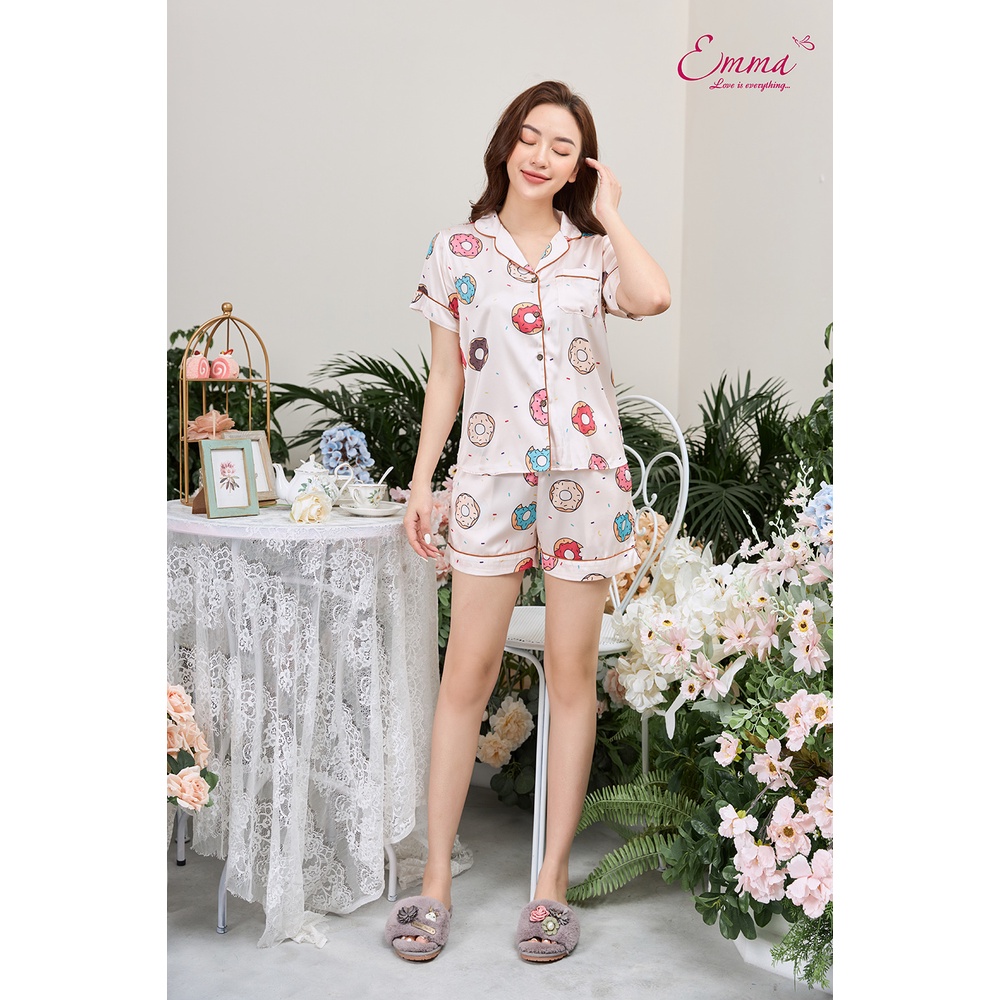 Bộ mặc nhà lụa pyjama áo ngắn tay, quần đùi emma ehslu.21.042.08