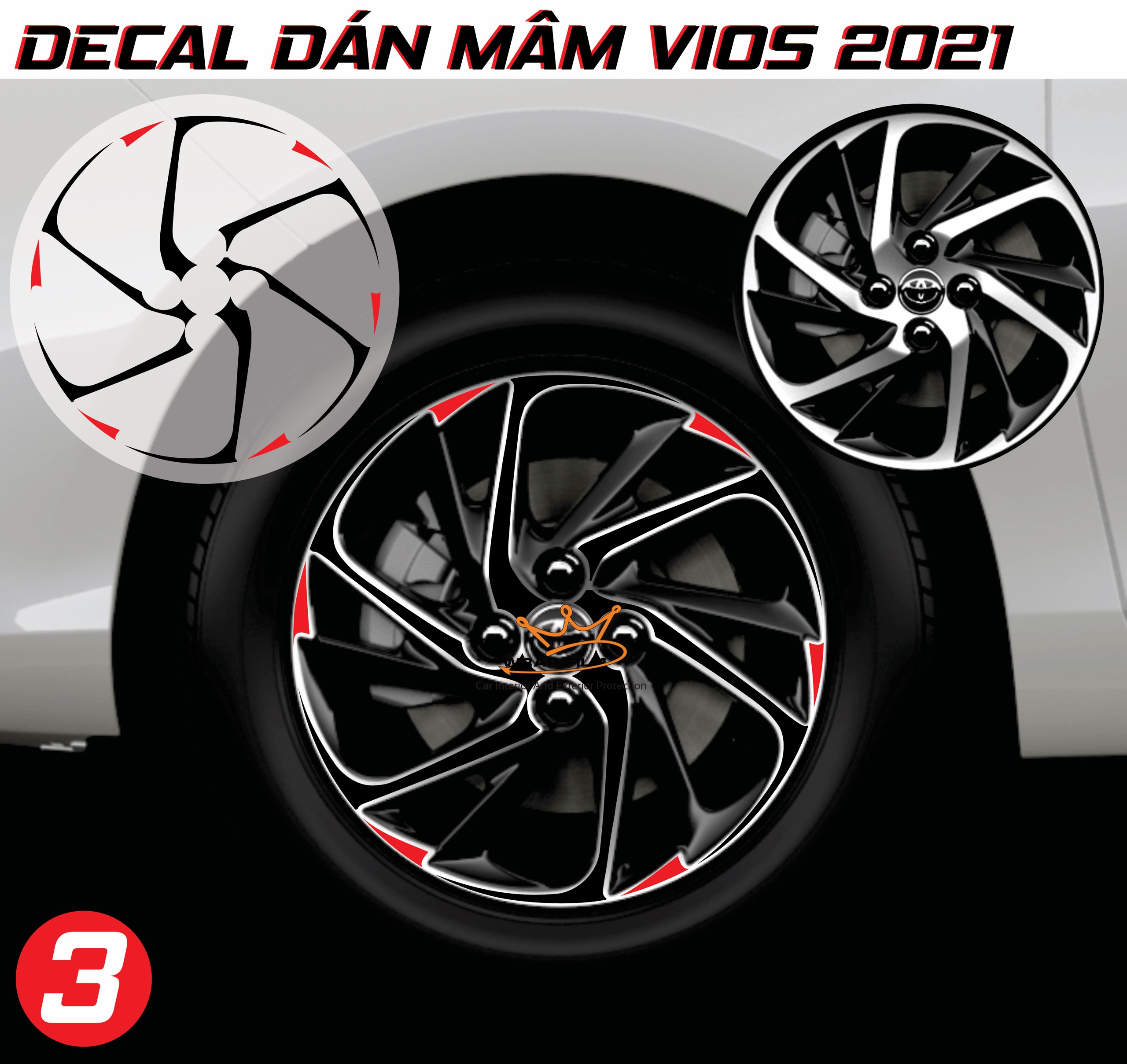 Decal dán mâm Toyota Vios 2021 2022 - Decal Tem dán lazang Toyota Vios ( Gía bao gồm 5 bánh)