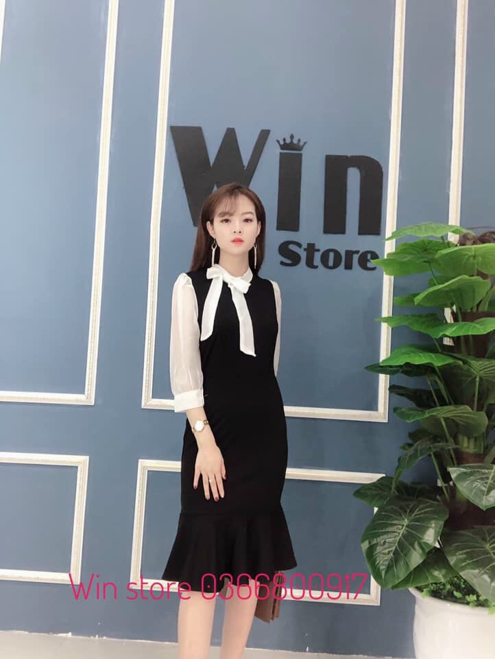 Đầm công sở đuôi cá phối hai màu thắt nơ cổ hiện đại fashion dễ thương ttsa0784