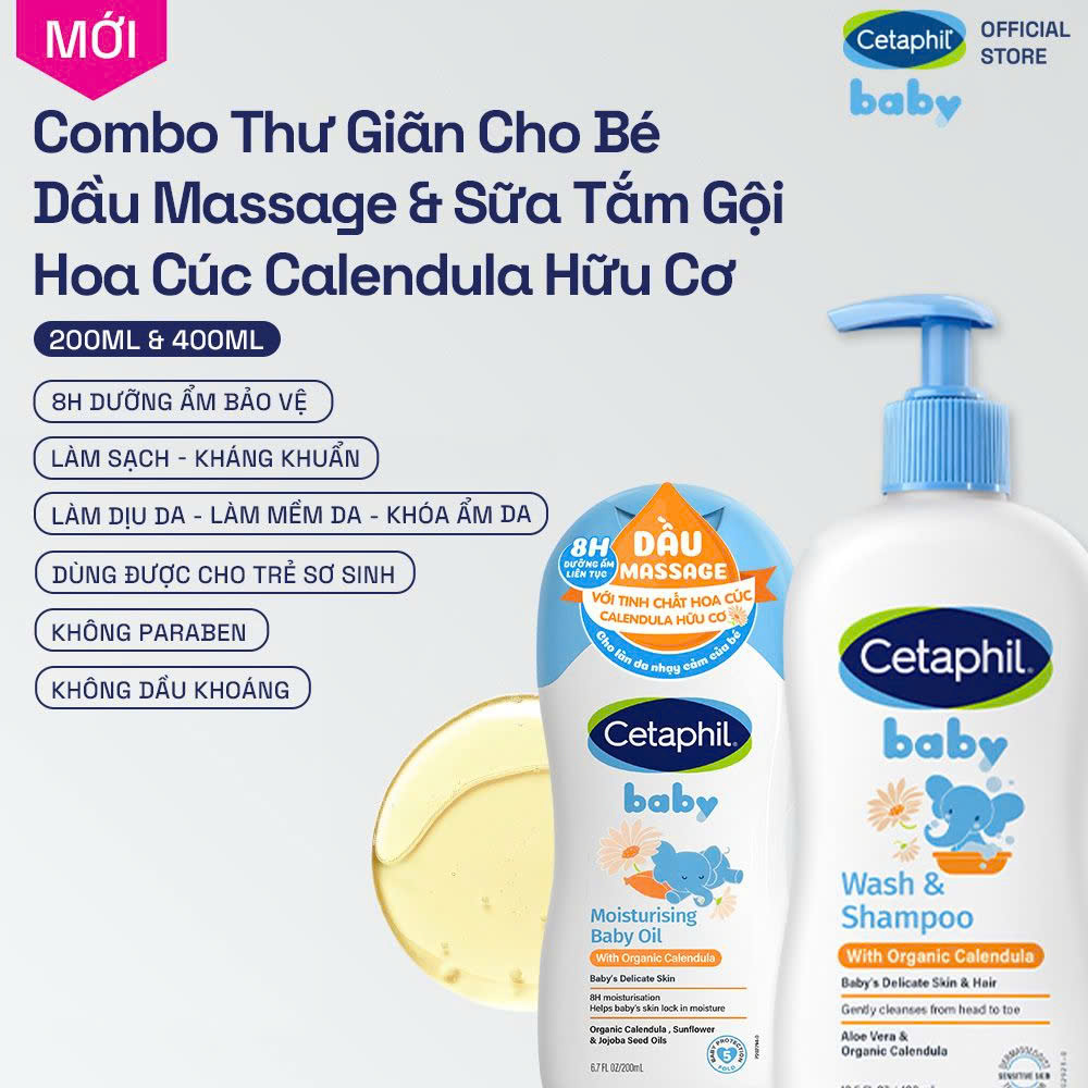 Combo Sữa tắm dưỡng ẩm dịu lành cho bé với Calendula WS 400ML  Dầu massage dưỡng ẩm làm dịu Calendula Baby Oil 200ml