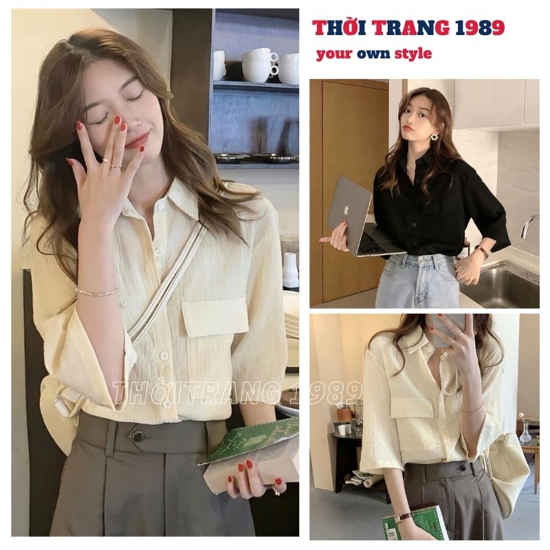 Áo sơ mi tay lỡ 1 nắp túi hộp chất đũi mềm mại, Áo sơ mi unisex phong cách ulzzang hàn quốc, Áo kiểu nữ - 1989