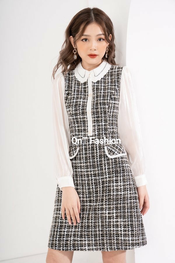 Đầm dự tiệc cao cấp-Đầm cổ tròn kẹp lá cổ ren đi làm hay đi tiệc rất sang trọng,quý phái