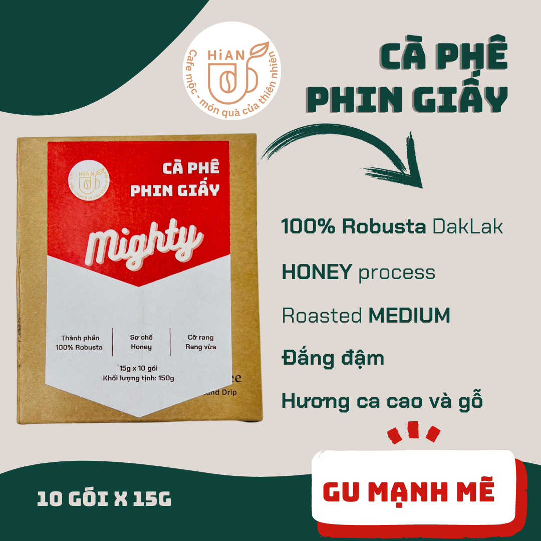 Hộp 10 gói Cà phê phin giấy 100% Robusta Mighty tiện lợi du lịch, gu mạnh mẽ, túi drip, phin giấy, túi kraft cà phê