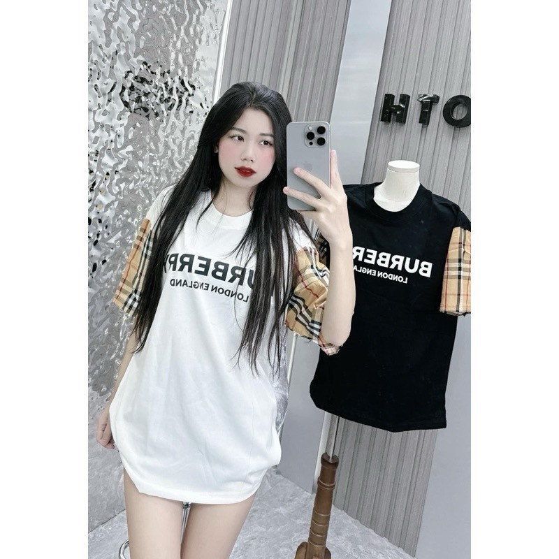 Áo thun tay lỡ kẻ vàng b b r in chữ ngang ngực nam nữ- chất cotton