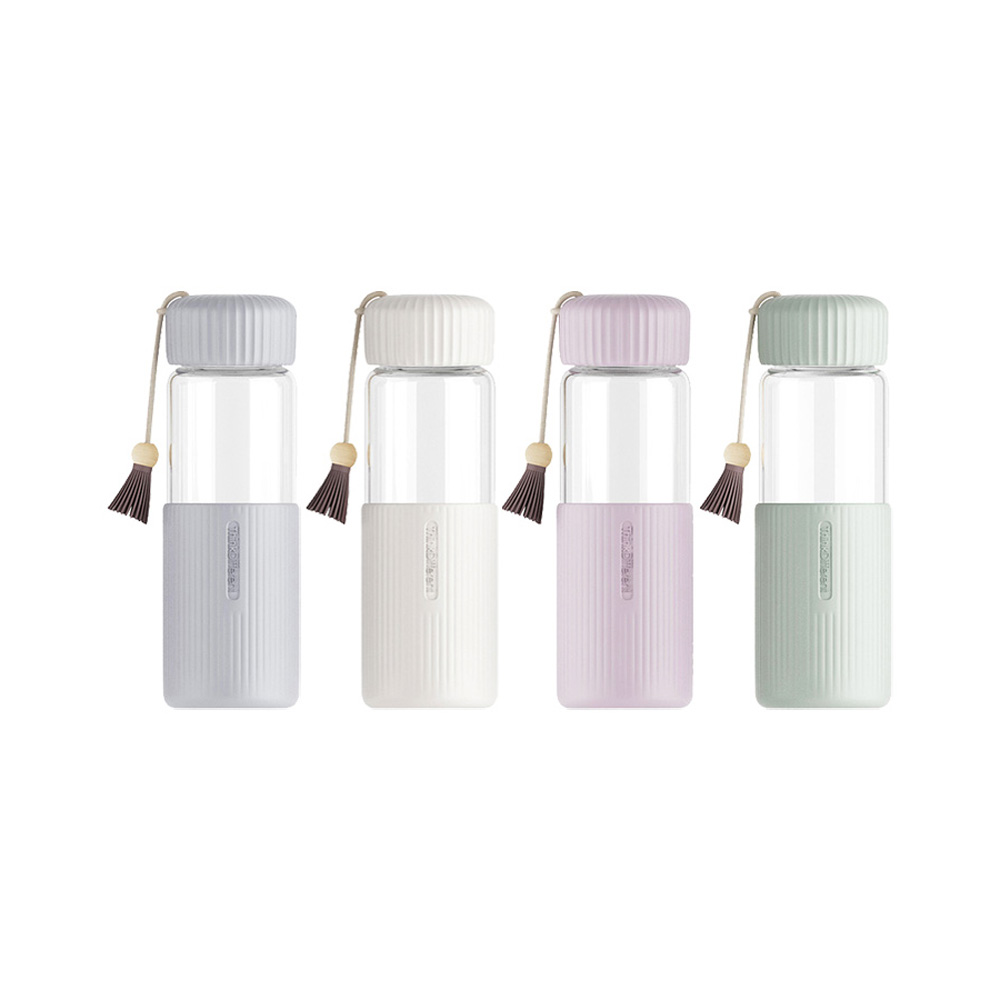 Bình Nước Thủy Tinh Ohmnix Bình Nước Thủy Tinh Bọc Nhựa Dáng Tròn Dây Tua Rua Tông Màu Pastel Phong Cách Hàn Quốc 350ml