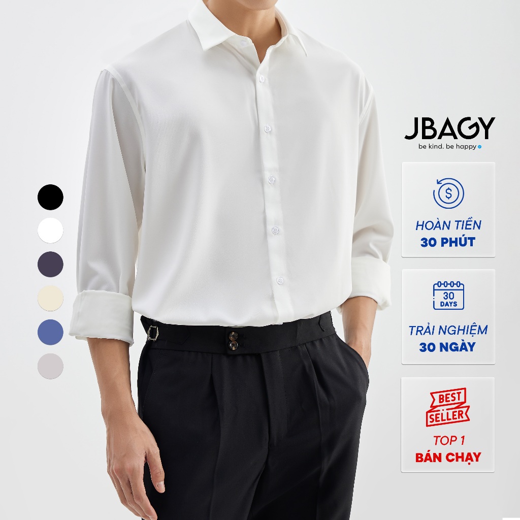 Áo sơ mi nam tay dài JBAGY form rộng unisex, áo sơ mi trắng, đen, xanh chất vải lụa chống nhăn cao cấp
