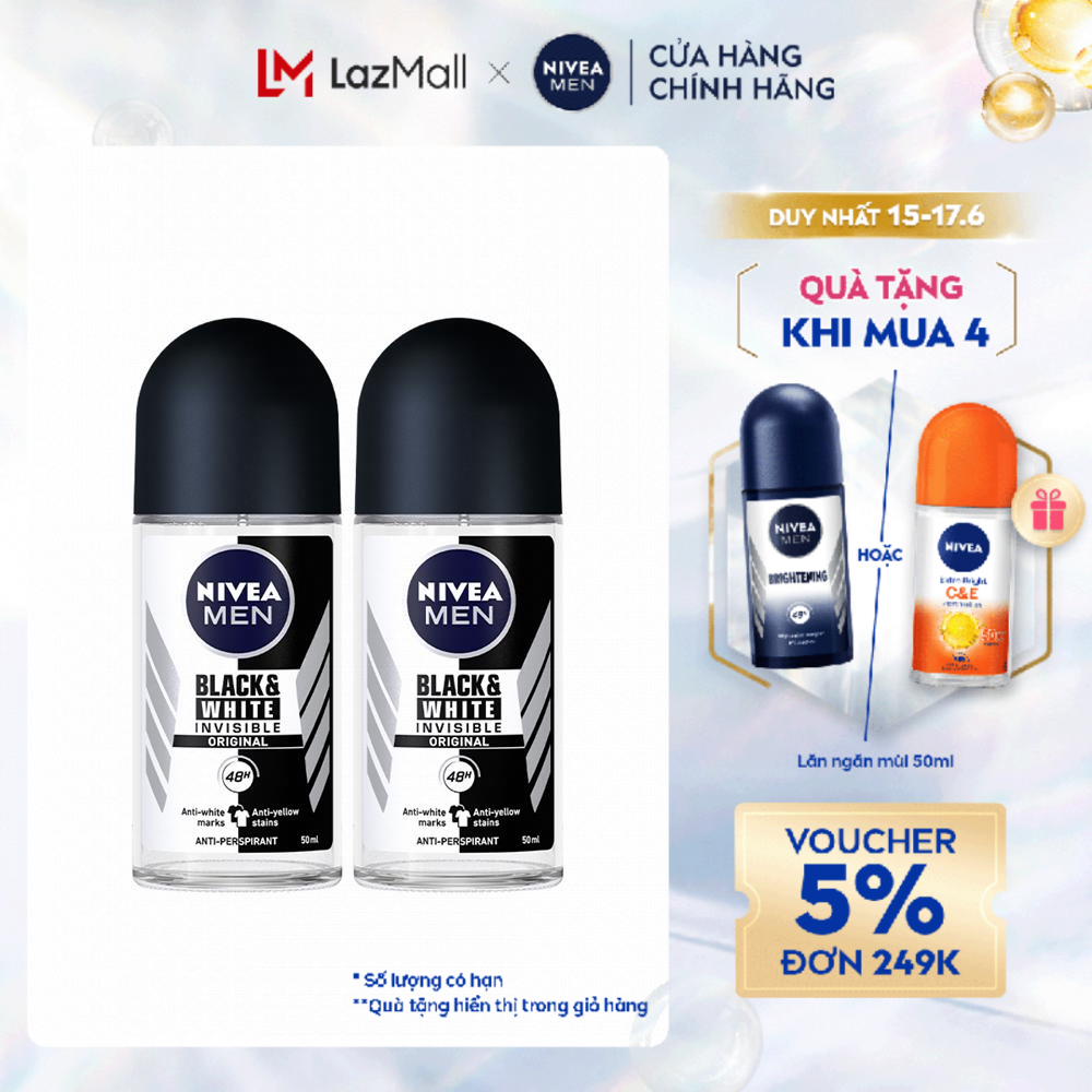 Chỉ 15.6 Mua 4 combo tặng 1 lăn Brightening 50ml Bộ 2 Lăn Ngăn Mùi NIVEA MEN Black & White 5in1 Ngăn Vệt Ố Vàng Hương Nhẹ Nhàng 82245