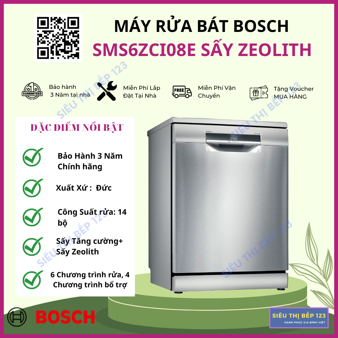 Máy rửa bát bosch sms6zci08e seri 6 sấy zeolith, home connect, nhập khẩu đức, bảo hành 3 năm chính hãng