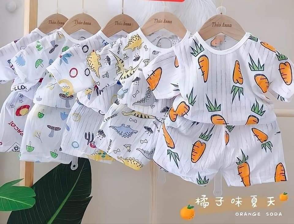 Bộ cotton giấy cộc tay cài vai cho bé nhiều hình từ 4 – 14kg