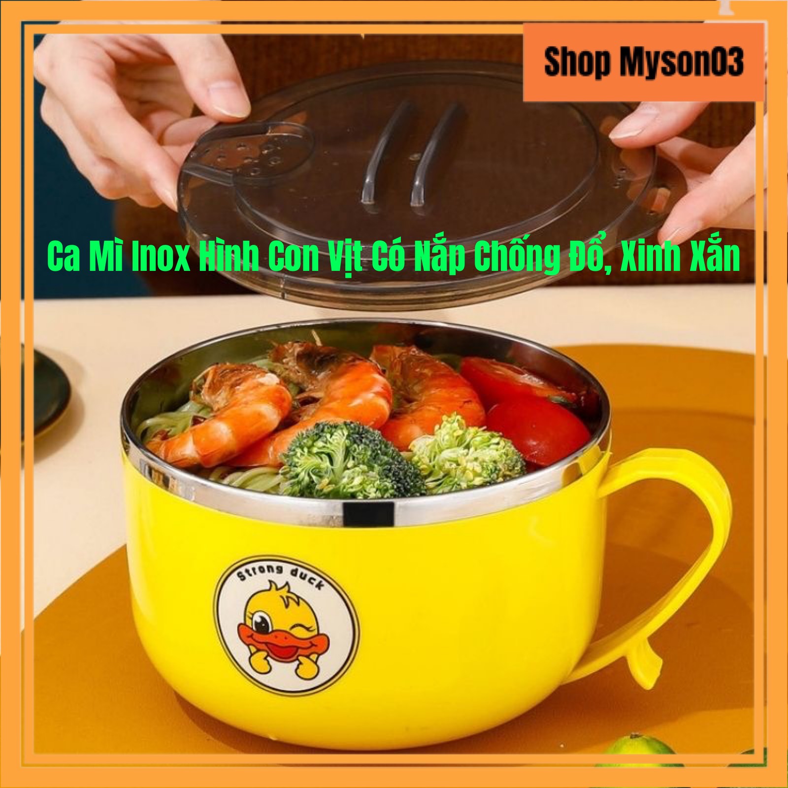 Ca ăn mì inox có nắp đậy chống đổ con vịt vàng - myson03