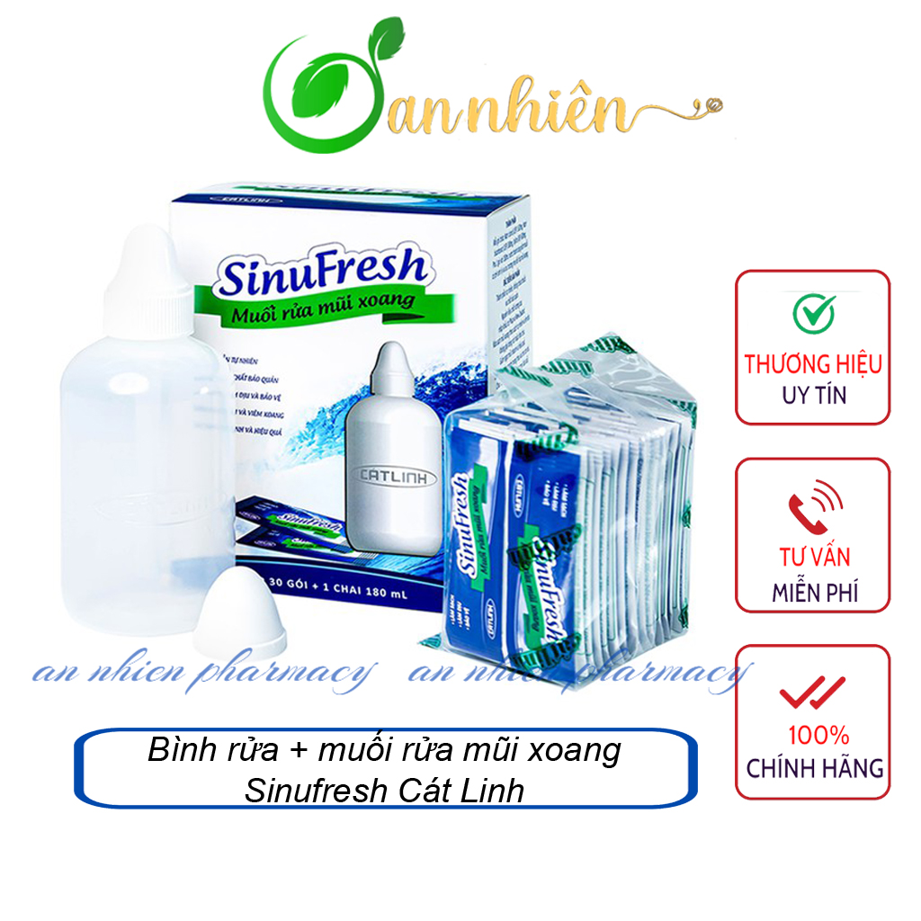Bình rửa + muối rửa mũi xoang Sinufresh Cát Linh 30 Gói + 1 Chai