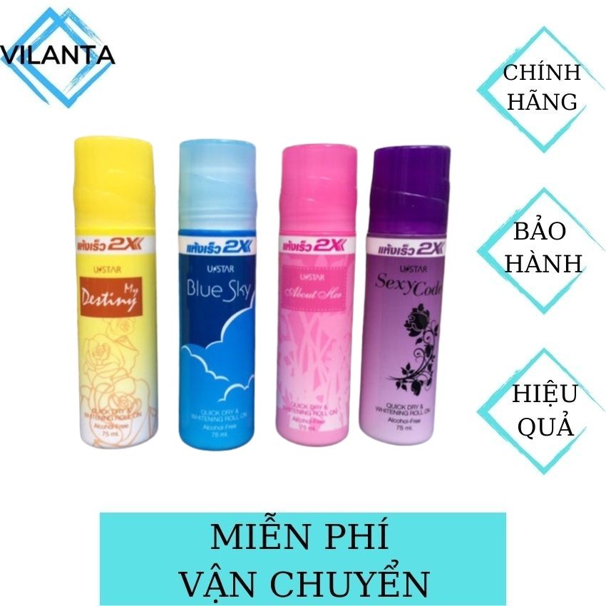 [Freeship] Lăn Khử Mùi Trắng Da 2X Ustar Thái Lan VILANTA ngăn ngừa tuyến mồ hôi, hương thơm dịu nhẹ, không bị vàng áo-75ml