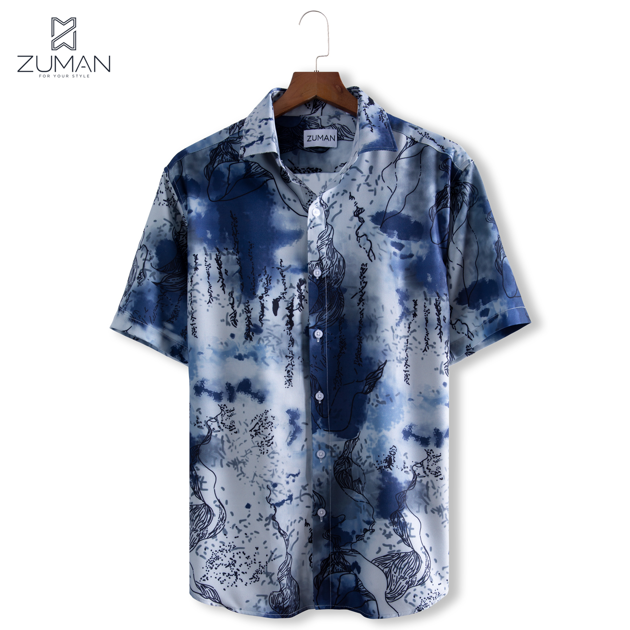 Áo sơ mi nam ngắn tay vải lụa thiết kế hoạ tiết hình ảnh trừu tượng - ZUMAN - ASM11