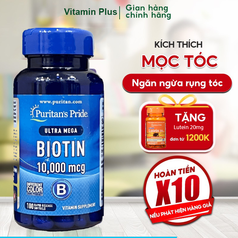 Viên uống kích thích tóc mọc tự nhiên, giảm gãy, rụng tóc, tăng cường sức khỏe và kiềm dầu cho da, Vitamin Mỹ Puritan's Pride Ultra Mega Biotin 10.000mcg 100 viên