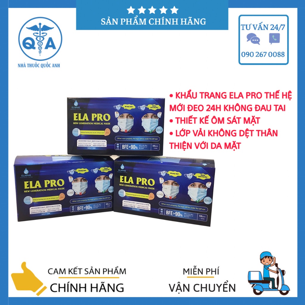 Khẩu trang y tế kháng khuẩn ela pro thế hệ mới hộp 50c - 4 lớp