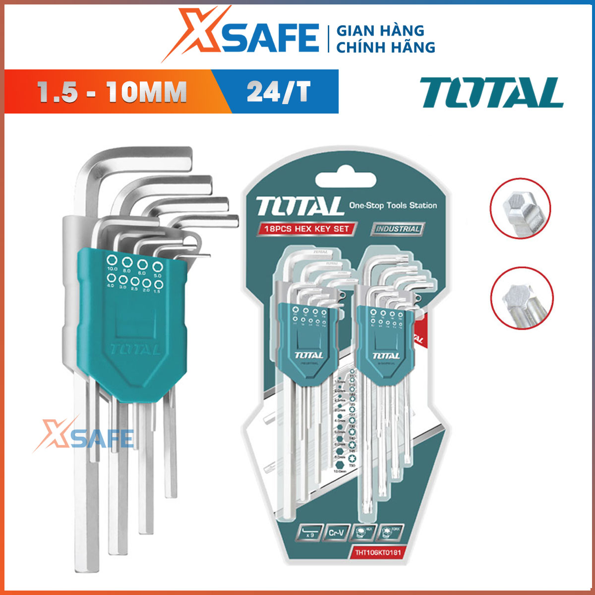 Bộ chìa lục giác bi và lục giác bông TOTAL THT106KT0181 Lục giác làm từ chất liệu Cr-V cao cứng cáp, chịu lực cao, sử dụng dễ dàng tiện lợi