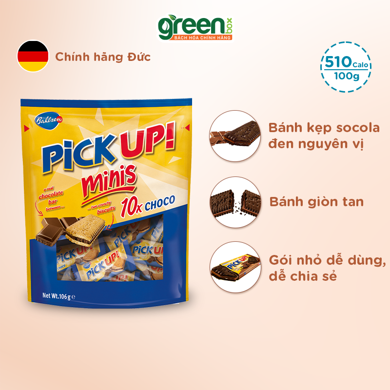 Bánh socola kết hợp bánh qui giòn rụm và socola nguyên chất Minis Pick Up Đức 106g