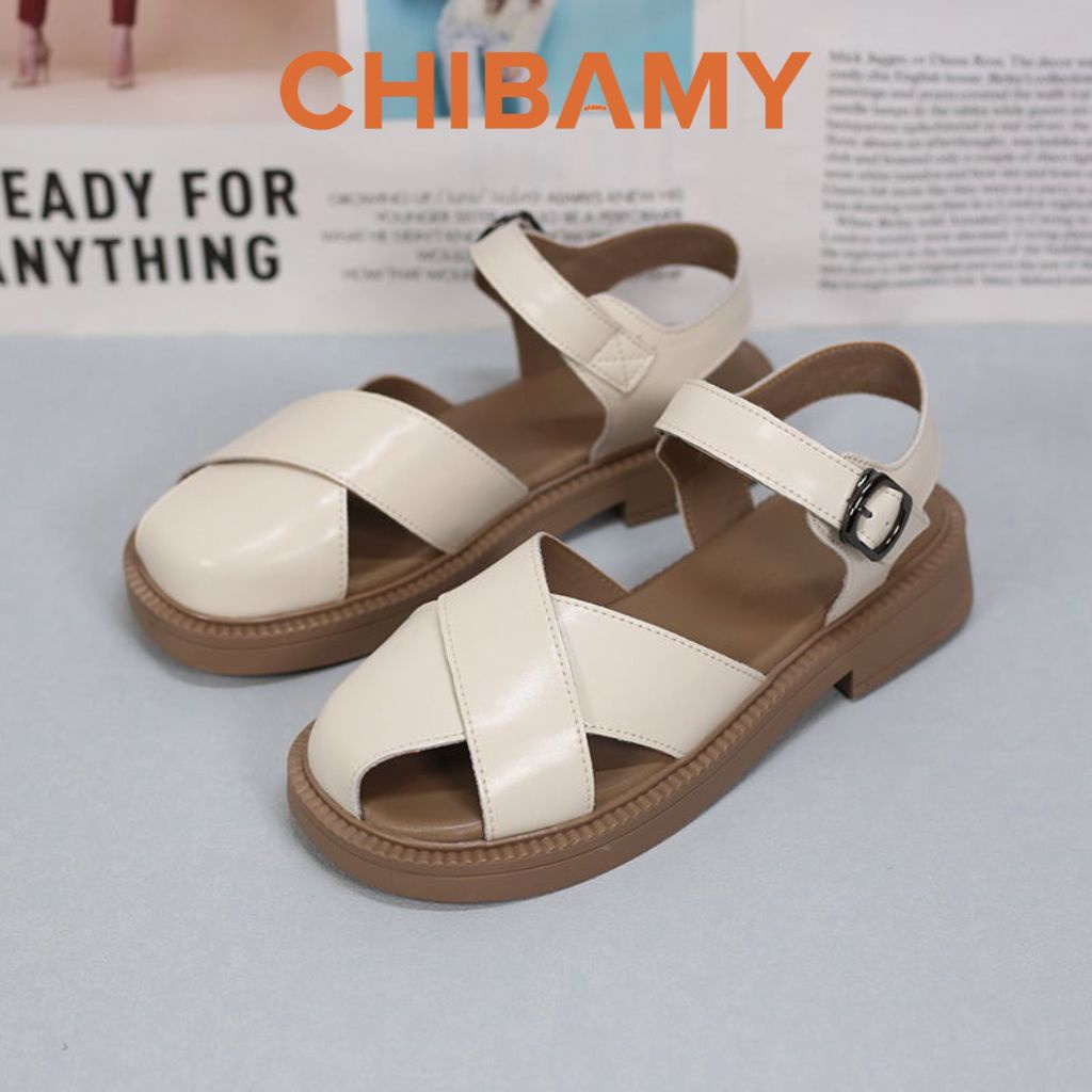 Dép sandal rọ nữ 2 nan chéo bản to chibamy chất da mềm đế 3cm mã r01