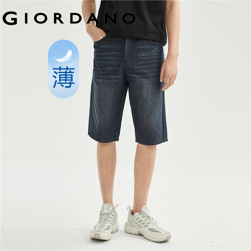 Giordano quần đùi jean mỏng nam cotton 100% cạp vừa stone wash râu mèo