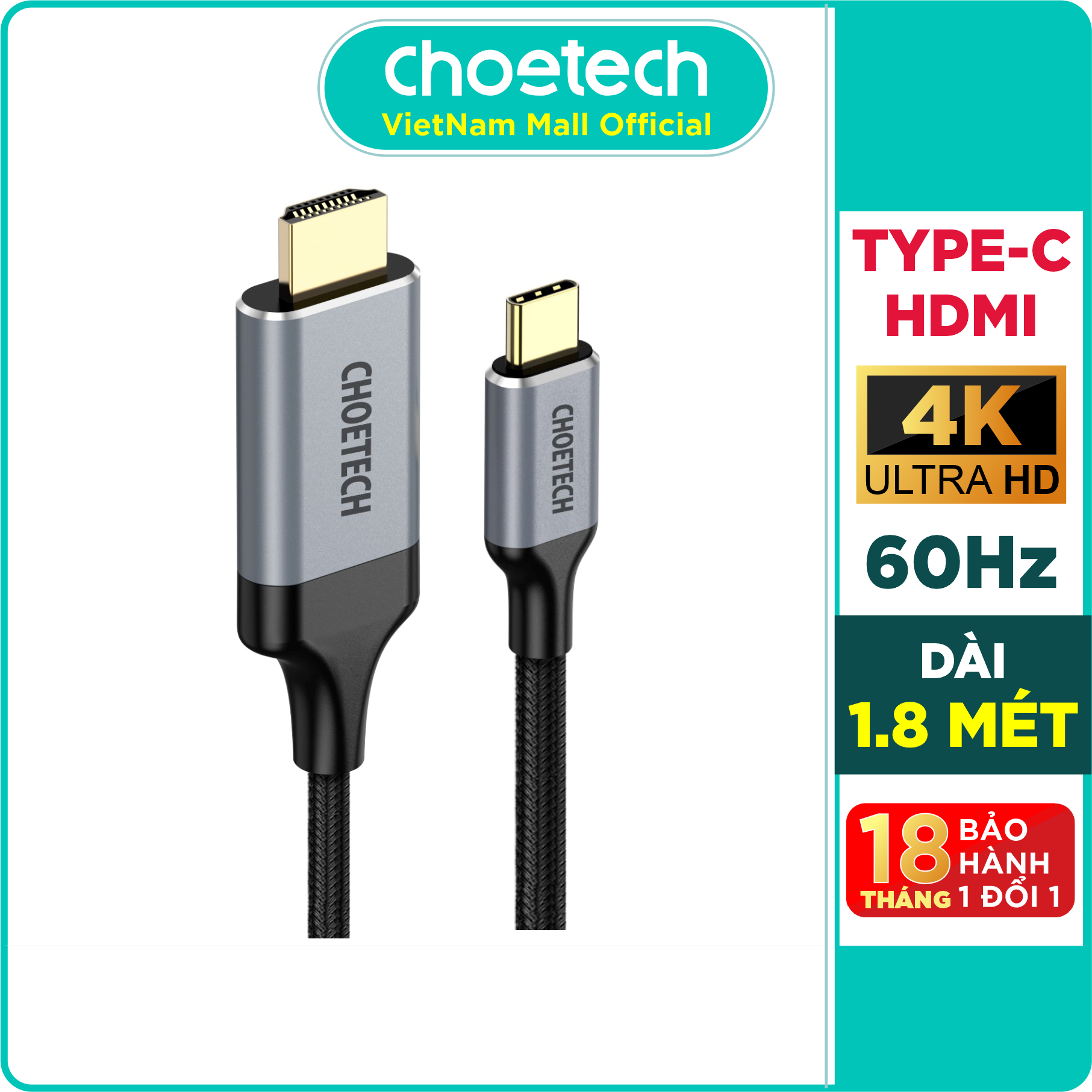 Dây cáp type c to hdmi 4k 60hz dài 2m, dây nylon dù thunderbolt 3 choetech ch0021 - hàng chính hãng