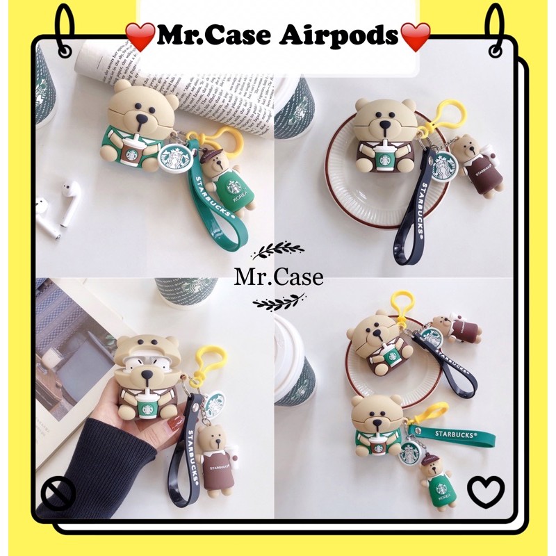 Case airpods 1/2 pro vỏ ốp đựng tai nghe hình gấu starbucks kèm móc khoá gấu dễ thương - mr.case airpods
