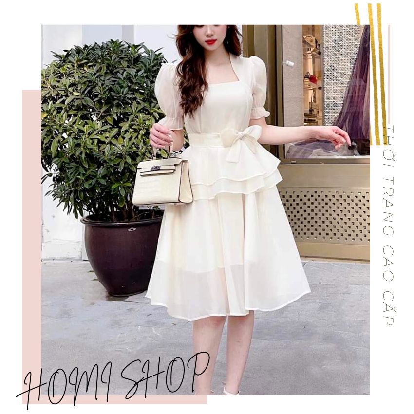 Váy thiết kế nữ voan tầng màu kem - HOMI SHOP - Đầm nữ dáng xòe đi tiệc sang trọng, đi đám cưới, đi chơi cực xinh - ẢNH THẬT