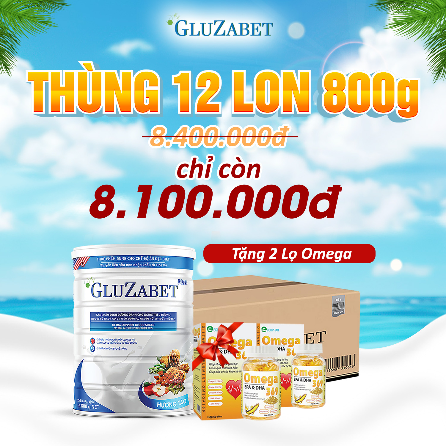 Thùng 12 hộp sữa gluzabet 800g - giúp ổn định đường huyết, ngăn ngừa biến chứng tiểu đường, tăng cường sức đề kháng