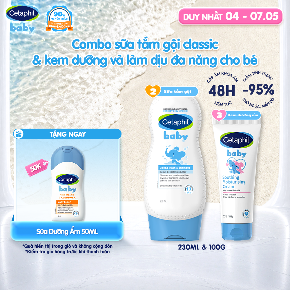 Combo 2 bước Sữa tắm gội dịu lành 230ml + Kem dưỡng ẩm làm dịu đa năng Cetaphil Baby 100Gr