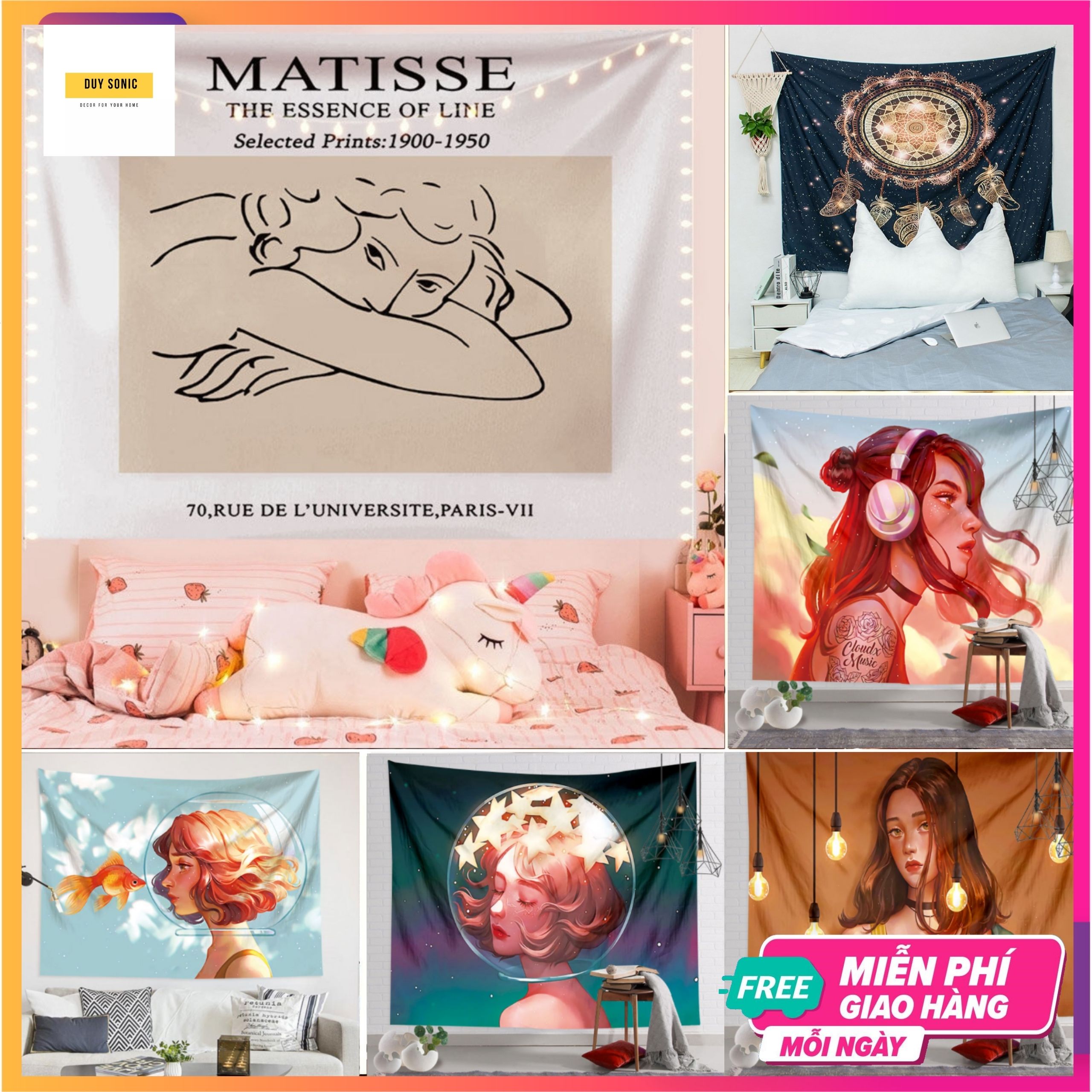 [FREE SHIP] [TẶNG KÈM DÂY ĐÈN LED 7M & PHỤ KIỆN TREO] Vải treo tường (1m3x1m5 ) Tấm thảm treo tường - Trang Trí Decor Phòng Ngủ