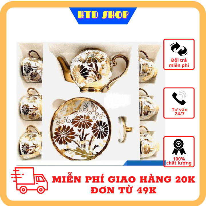 [Ảnh thật] Bộ tách trà hoa văn nhũ vàng hoàng gia 6 ly kèm 7 dĩa - Bộ ấm pha trà giao mẫu ngẫu nhiên dùng làm quà tặng cao cấp