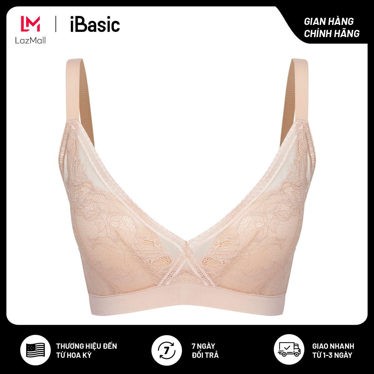 Áo ngực không gọng cổ V mút vừa ren demi iBasic BRAW141