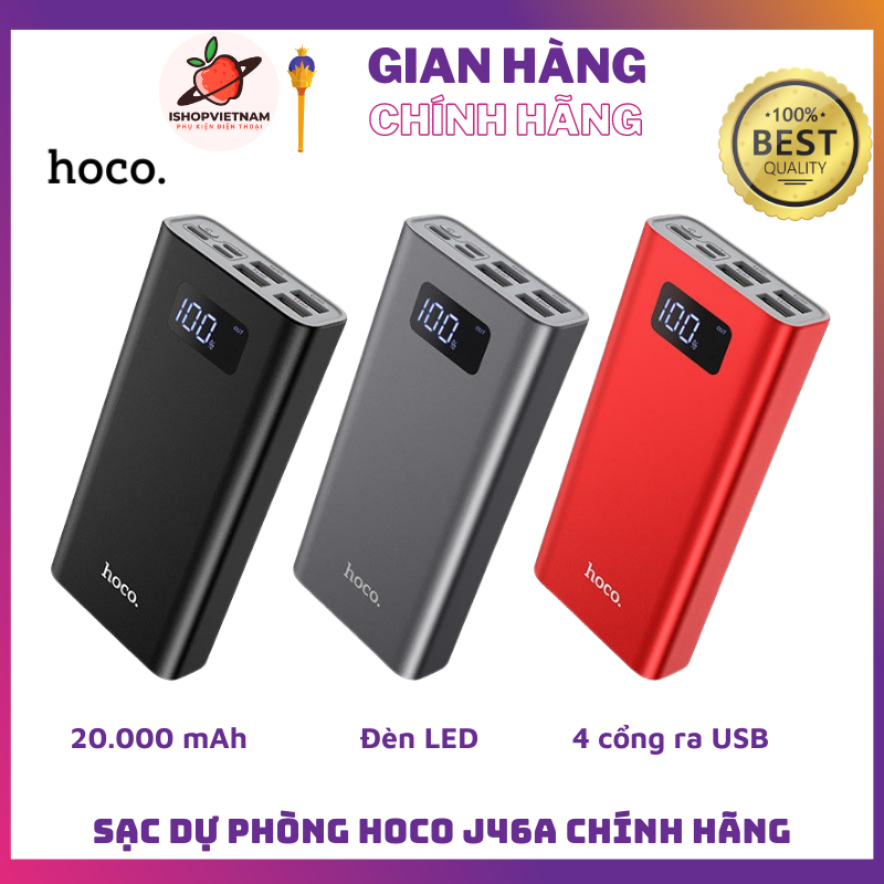 Pin sạc dự phòng hoco j46a 20000mah mini polymer a+ 4 cổng usb 2a led chính hãng