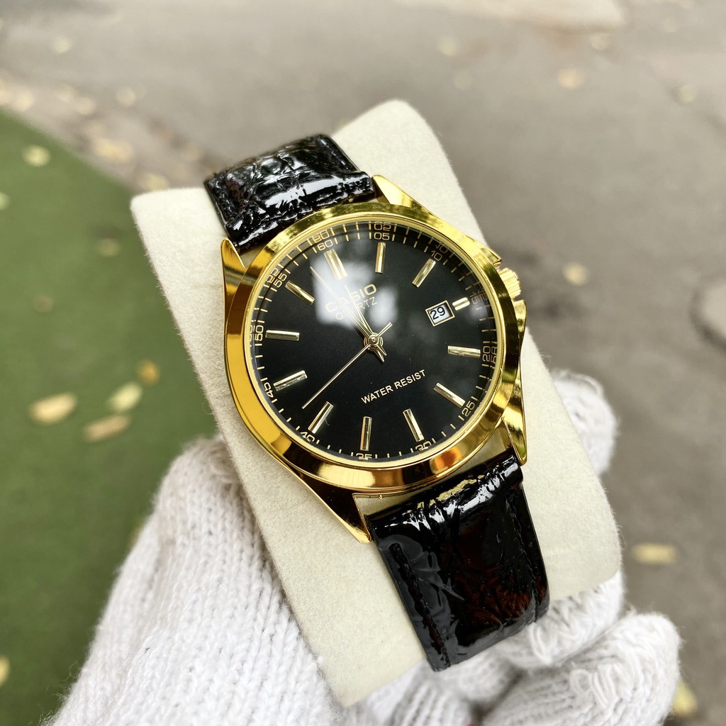 Đồng Hồ Casio Đeo Tay Nam Dây Da Viền Vàng Máy Nhật Tinh Tế Tặng Kèm 2 Pin Cao Cấp