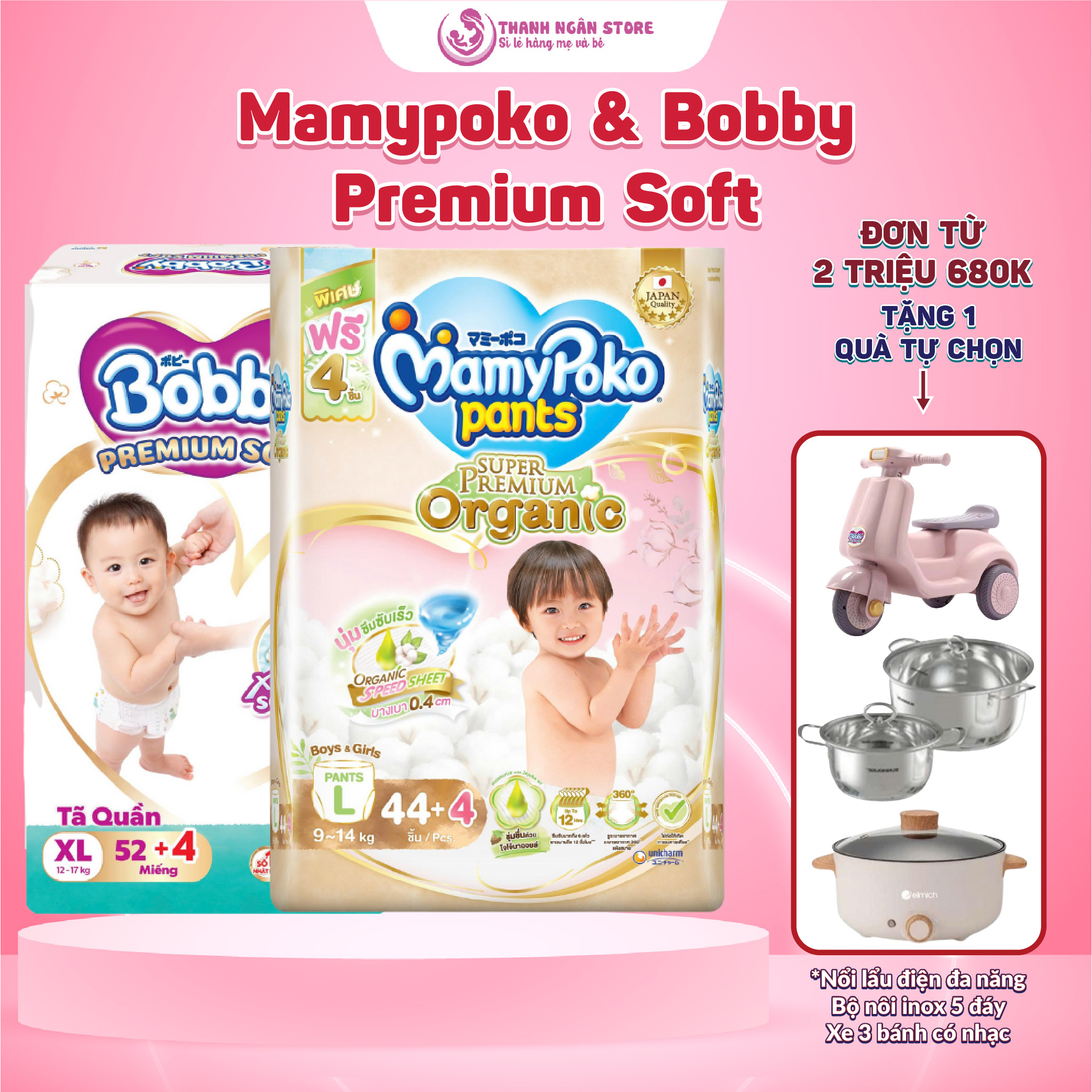 Tã Quần Mamypoko Organic Siêu Thấm Hút Và Bobby Premium Soft Siêu Mềm Size Từ 6 Kg Đến 22 Kg - Thanh Ngân Store 