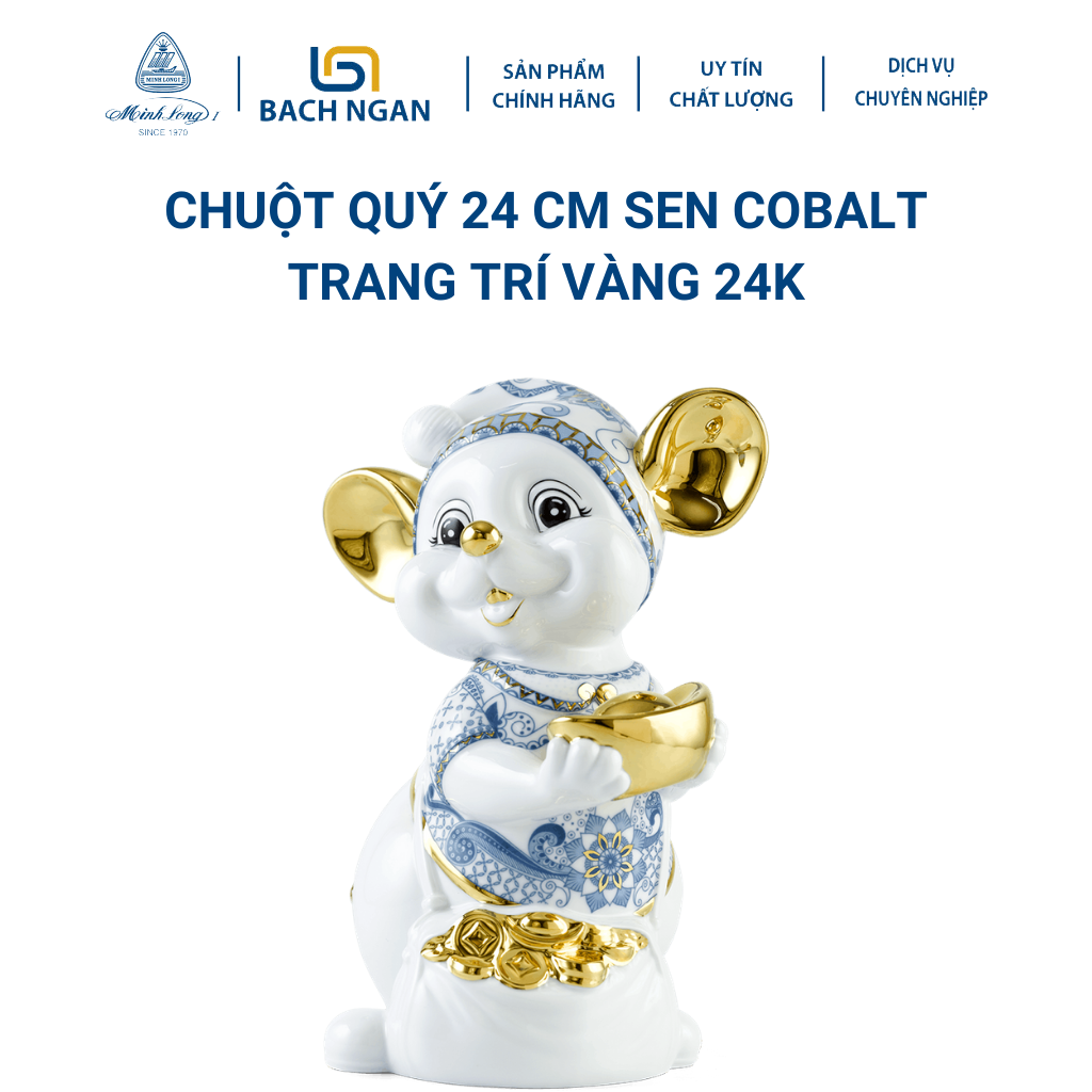 Tượng Chuột Phong Thủy Sứ Minh Long (Quý) 24 cm Sen Cobalt Trang Trí Vàng 24K may mắn, tài lộc đẹp cao cấp dùng tặng quà, nội thất