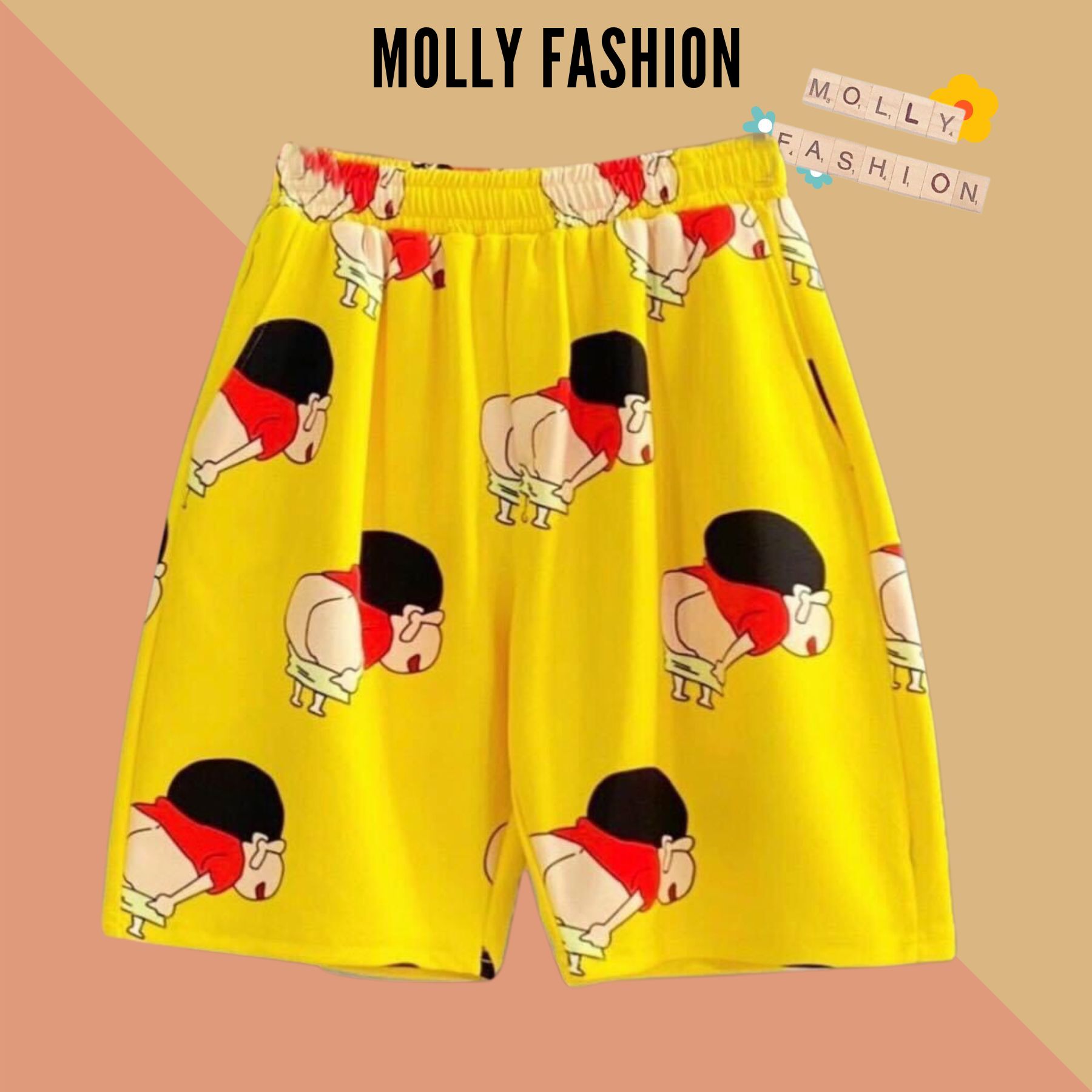 Quần short hoạt hình shin vàng unisex dành cho nam nữ mặc nhà 38-80kg molly fashion