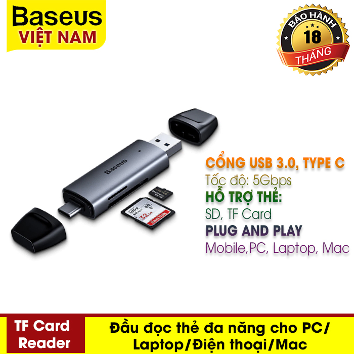 Đầu đọc thẻ nhớ Baseus 2 trong 1 USB 3.0 / Type-C tích hợp khe cắm thẻ nhớ Micro SD / TF, thiết kế nhỏ gọn, dễ dàng mang theo, dùng cho Điện thoại, PC, Laptop, Macbook Pro Huawei P30 Pro - Phân phối bởi Baseus Vietnam