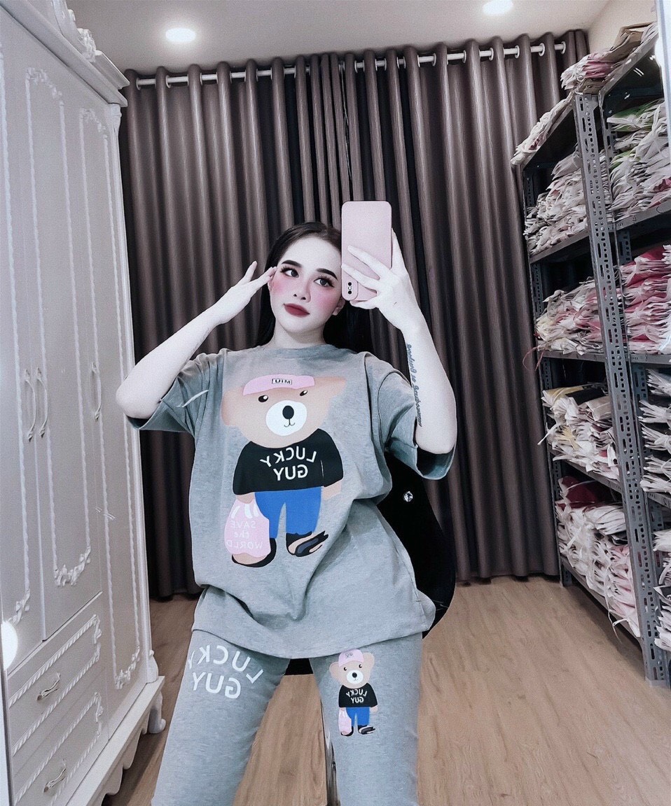 Set bộ đồ nữ thun áo tay ngắn và quần dài in gấu dễ thương, Set bộ nữ thiết kế thun thoải mái họa tiết in gấu, Set bộ đi chơi thun nữ áo ngắn tay và quần dài in gấu MTB