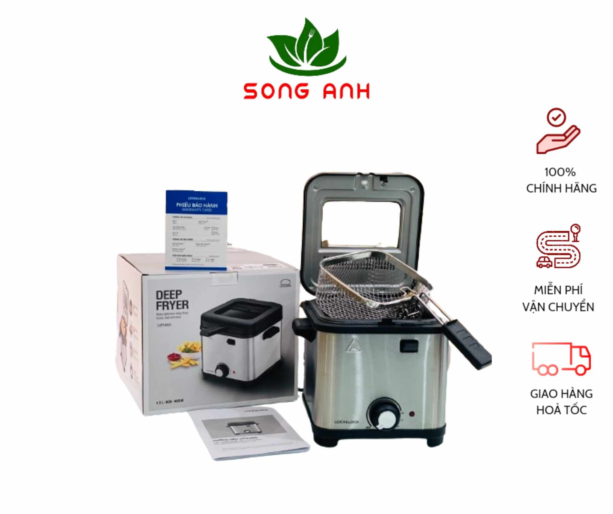 Lock&Lock nồi chiên ngập dầu Deep Fryer EJF716SLV dung tích 1.5L, cho món chiên giòn như KFC, chính hãng