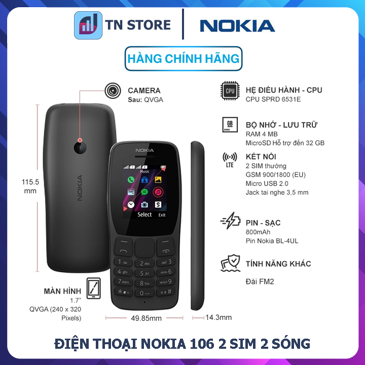 Điện thoại nokia 106 2 sim - full box full phụ kiện - chính hãng