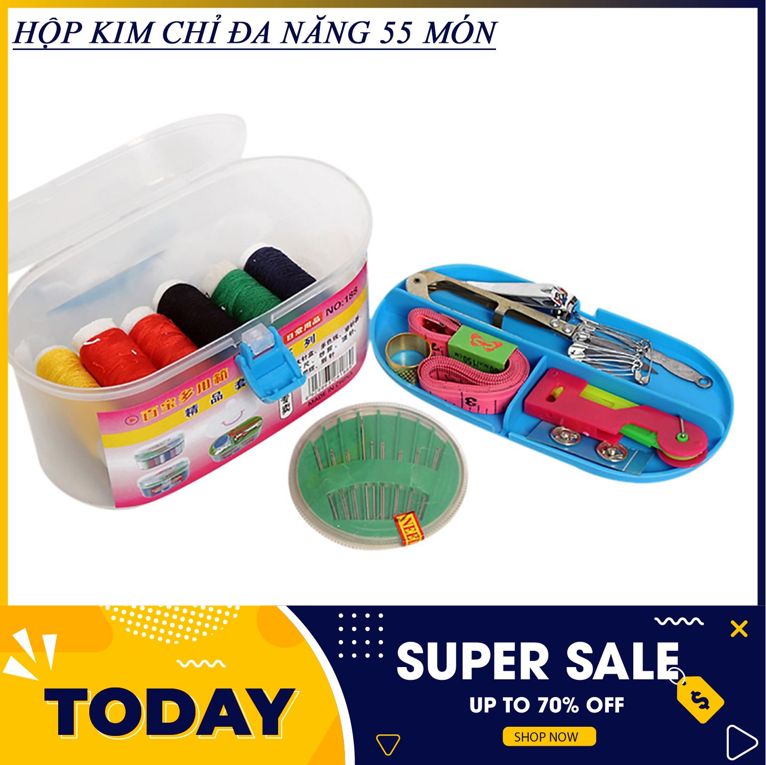 Hộp kim chỉ đa năng - Hộp kim chỉ đa năng 55 món - Hộp kim chỉ đa năng 55 món bộ phụ kiện may vá -Hộp kim chỉ gia đình tiện dụng kèm hộp đựng tiện ích- Hộp kim chỉ đa năng tiện dụng
