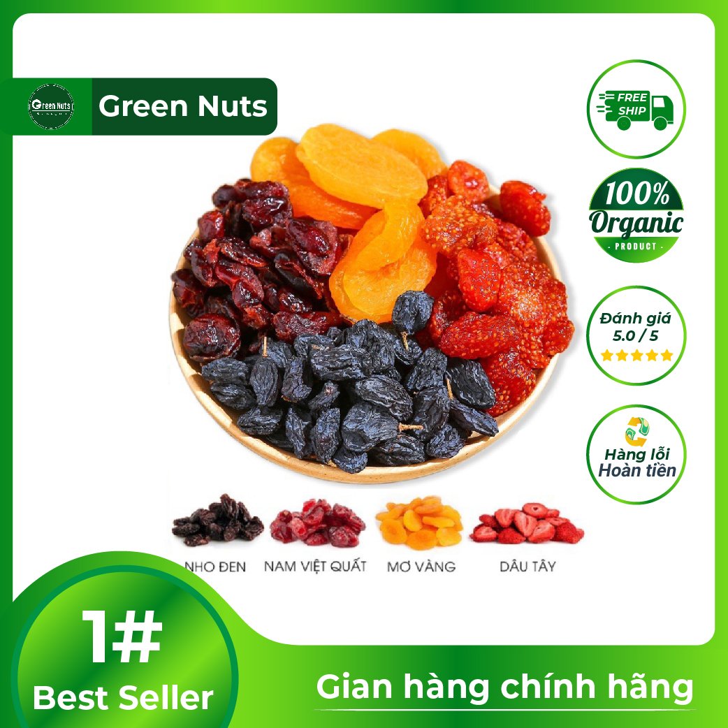 [Tặng Nho Vàng] TRÁI CÂY SẤY DẺO Green Nuts, Mix vị Mơ sấy dẻo, Dâu tây, Nho đen và Nam việt quất ĂN VẶT MẸ BẦU/ ĂN KIÊNG/ GIẢM CÂN
