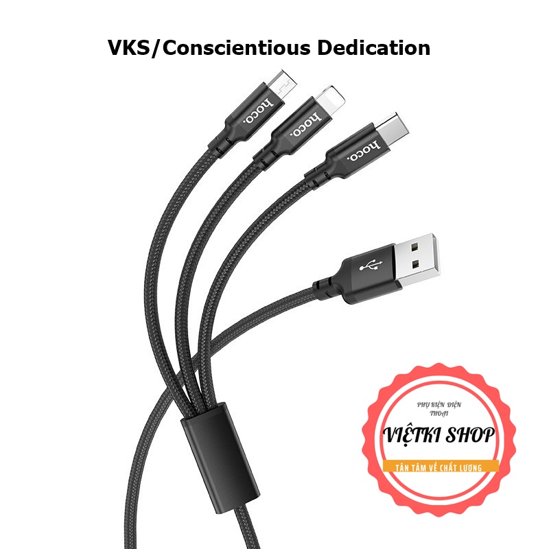 Cáp sạc đa năng 3 đầu Hoco X14, hỗ trợ sạc nhanh với cáp bọc dù