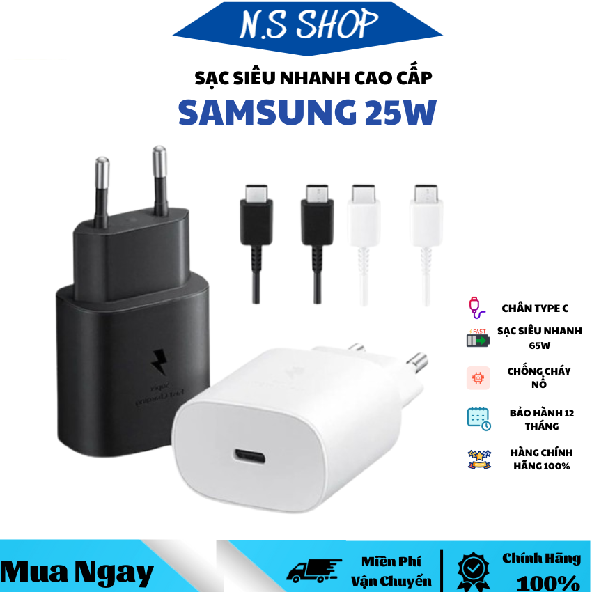 Sạc Samsung 25w siêu nhanh Bộ sạc: Củ sạc 25w và Dây sạc Samsung Type C màu đen trắng Bảo hành 6 tháng