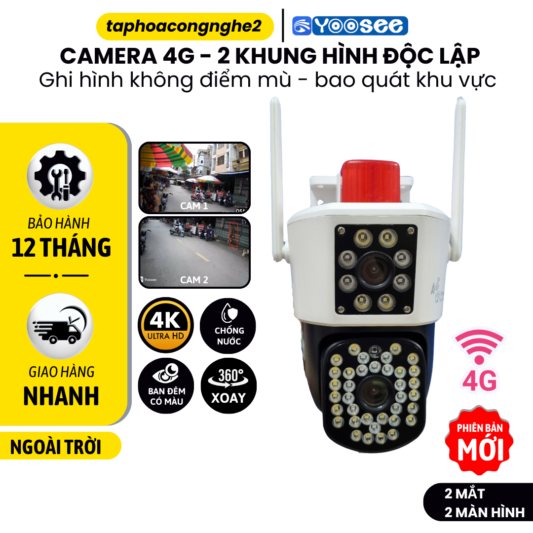 Camera SIM 4G/WIFI YOOSEE Ngoài Trời, 2 Mắt 3 Khung Hình, 2 Mắt 2 Khung Hình, 2K FHD, Đàm Thoại 2 Chiều, Ban Đêm Có Màu, Chống Bụi Chống Nước - BH 12 THÁNG