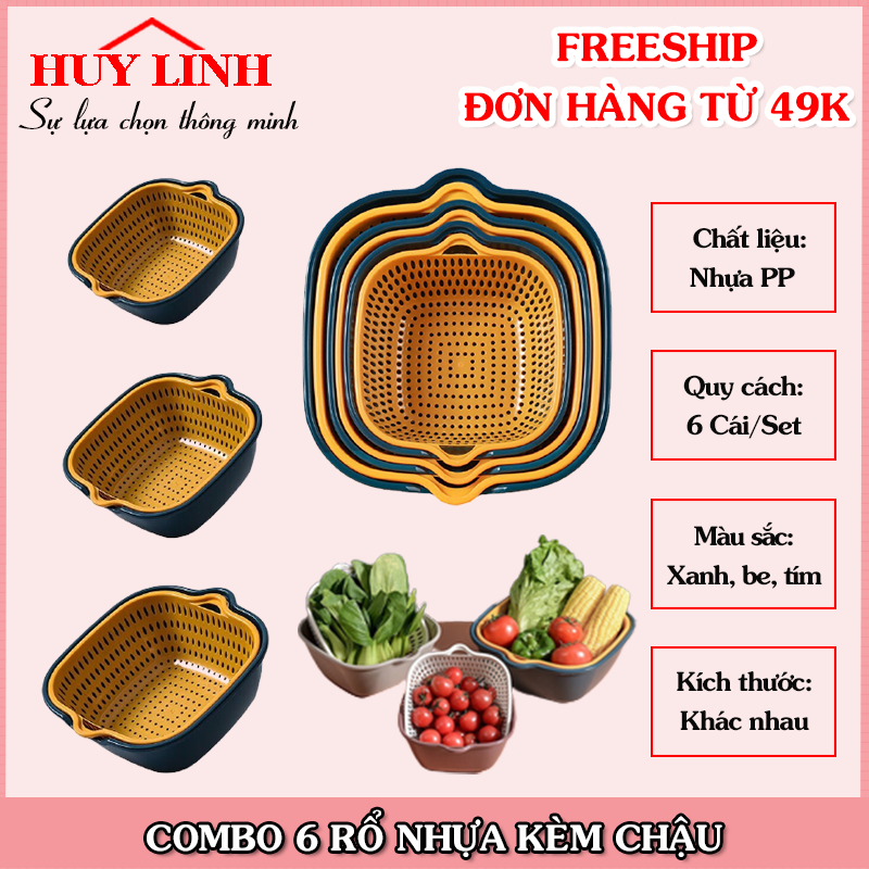 SET 6 món rổ nhựa kèm chậu, Bộ rổ nhựa kèm chậu đựng rau củ quả trái cây cao cấp 6 chi tiết, (RKC06), Huy Linh