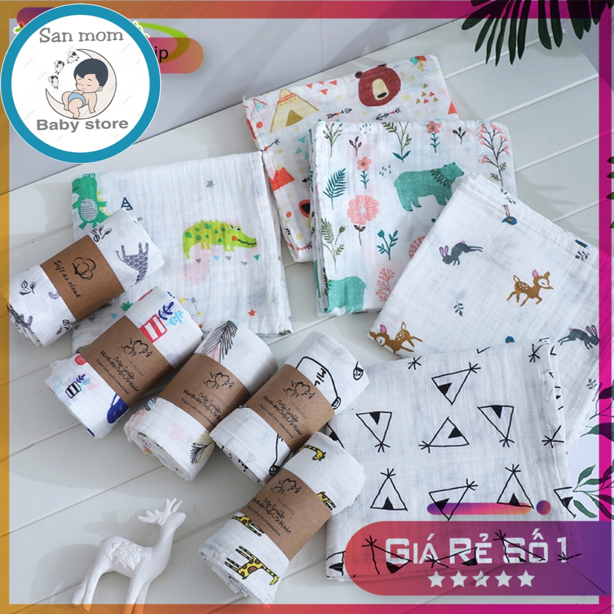 Khăn Tắm Cho Bé Khăn Quấn Bé Xô Sợi Tre Muslin 120x120cm 2 Lớp 70% Sợi Tre Và 30% Bông Tinh Khiết Hàng Xuất Khẩu