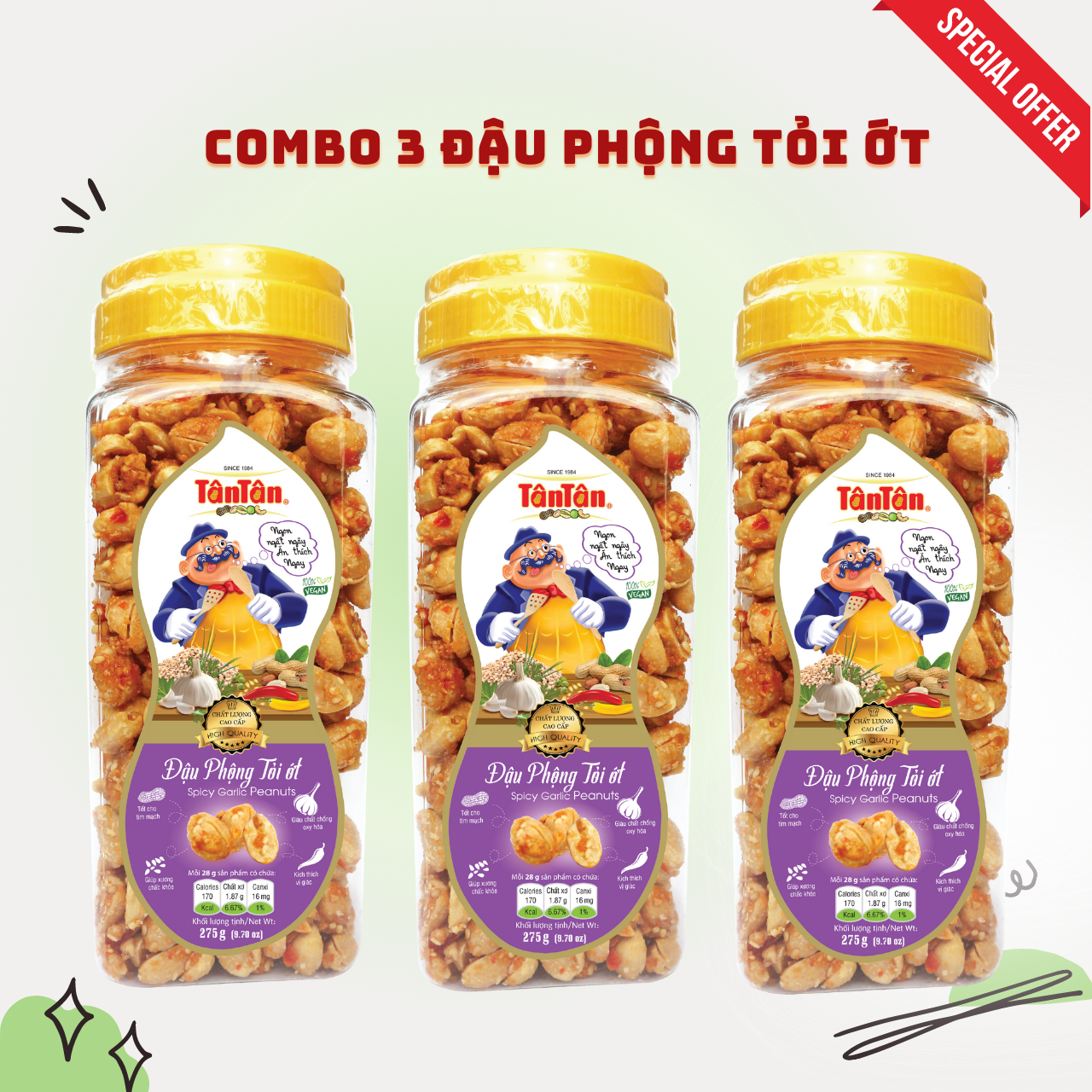 [HOT] Đậu Phộng Tỏi Ớt Tân Tân 260g - Combo 3 Hũ
