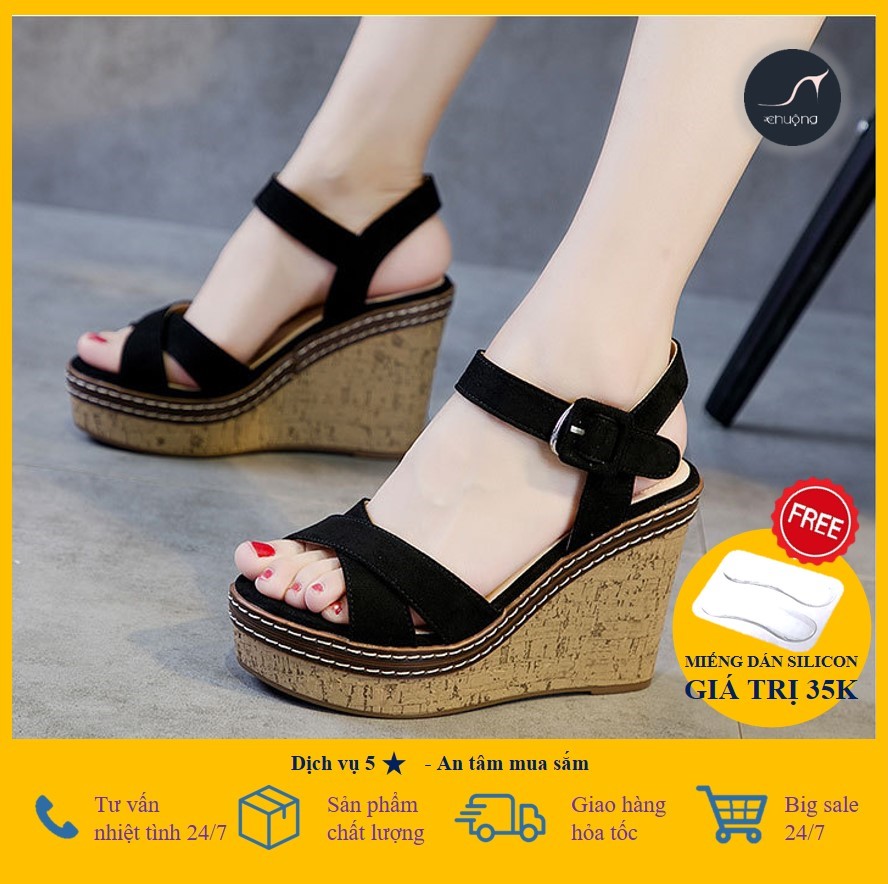 Giày đế xuồng giày Chuộng SIÊU NHẸ họa tiết quai đan chéo, đế vân gỗ đúc nguyên khối 9cm