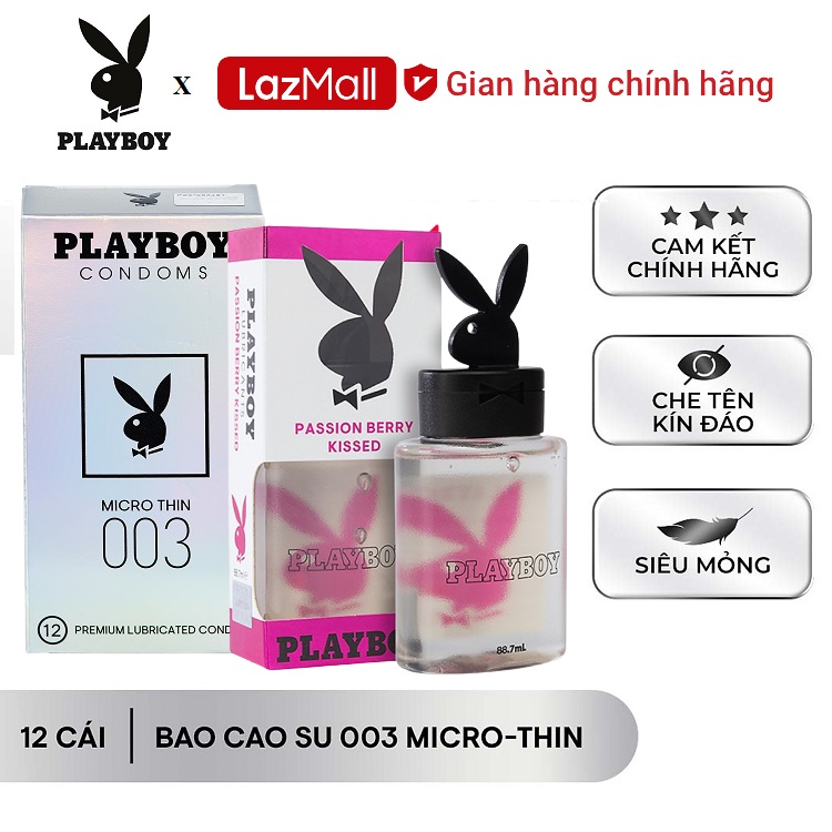 [ playboy ] bao cao su playboy 003 micro-thin 12 bao - siêu mỏng + tặng gel bôi trơn playboy passion berry kissed 88.7ml 1